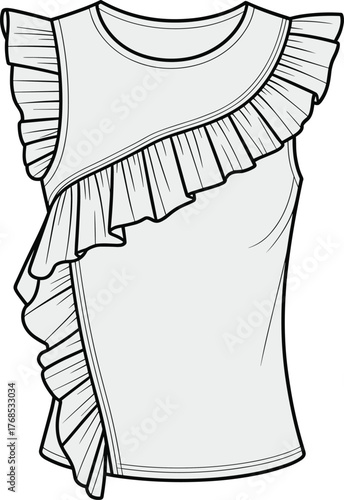 Sleeveless women's top technical sketch, asymmetrical ruffle detail across front, fitted silhouette with round neckline, cad drawing flat vector illustration