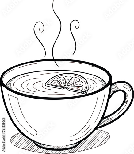 Steaming Cup of Tea with Lemon Slice Illustration.