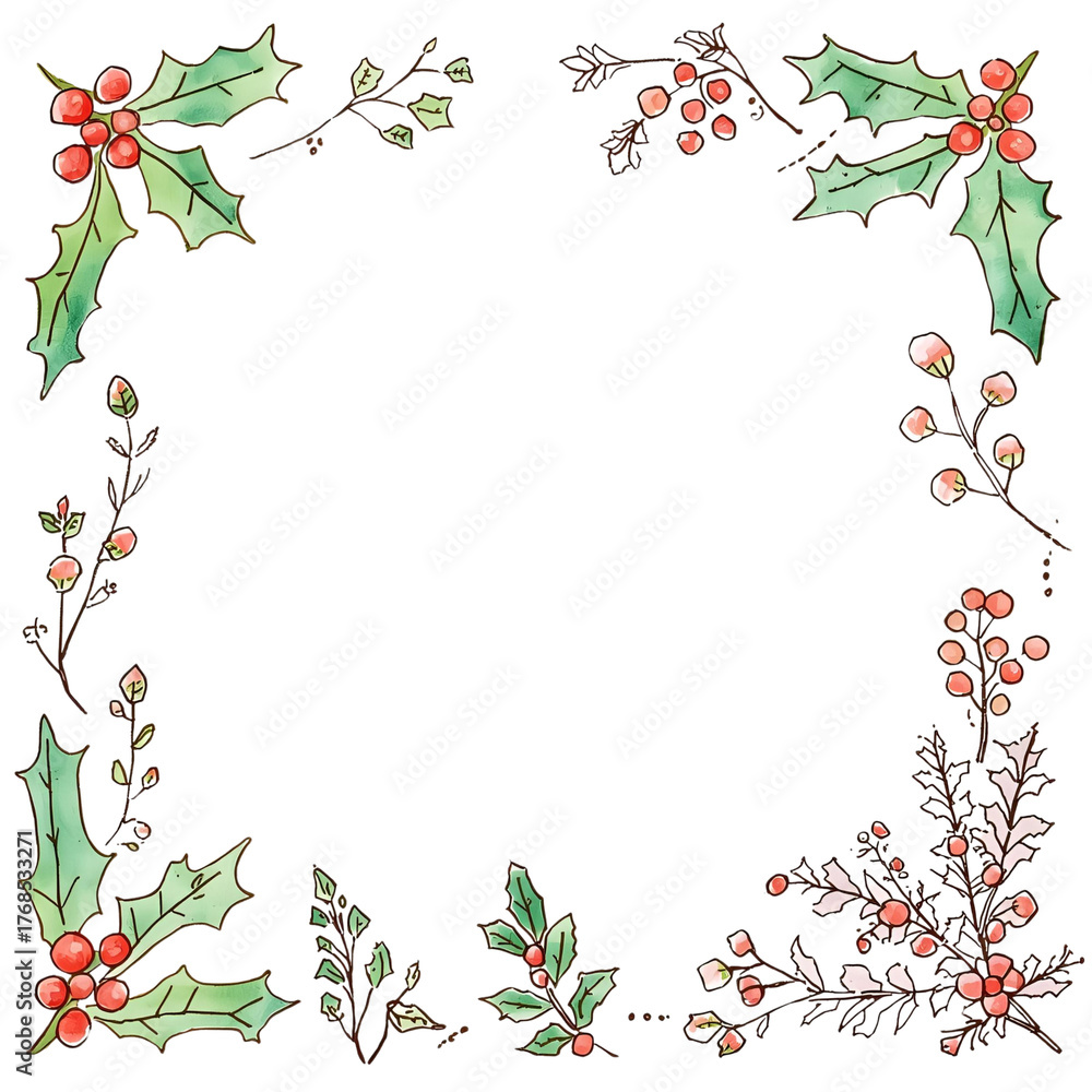 Fototapeta premium Watercolor Holly and Berry Corner Frame with Outline