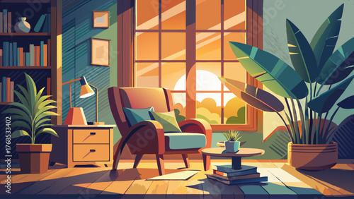 Vector of minimalist reading corner by window, sunlight streaming in, armchair, wooden table, plants, warm natural atmosphere, modern design, calm peaceful mood