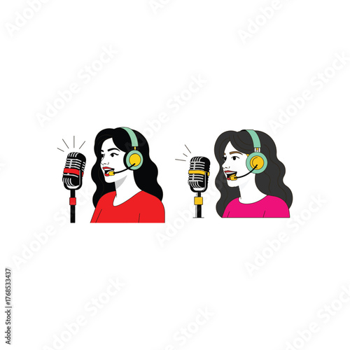Illustration of two podcasters with headphones and microphones are speaking into the microphone