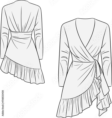 Women's fashion dress technical sketch, wrap style with ruffle hem, long sleeve garment flat, front and back view, cad drawing flat vector illustration