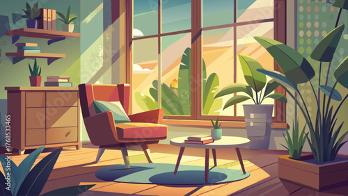 Vector of minimalist reading corner by window, sunlight streaming in, armchair, wooden table, plants, warm natural atmosphere, modern design, calm peaceful mood