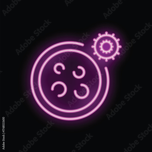 Neon style icon illustration of a virus entering blood cells, representing concepts like viral infection and immune response