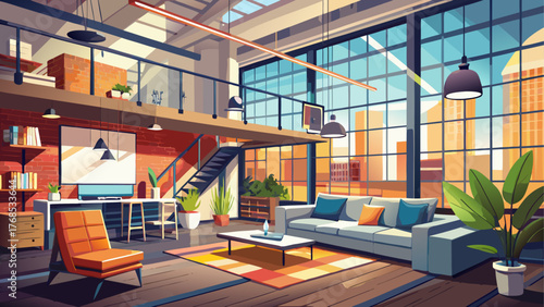 Realistic vector of contemporary loft apartment with natural light, wide windows, minimalist furniture, industrial details, cozy calm mood, modern architecture