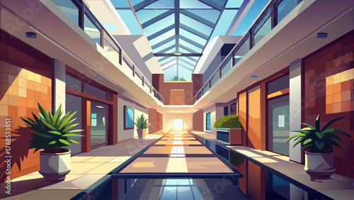 Realistic vector of modern hallway with skylight, natural sunlight, minimal architecture, clean design, neutral tones, soft shadows, bright calm atmosphere