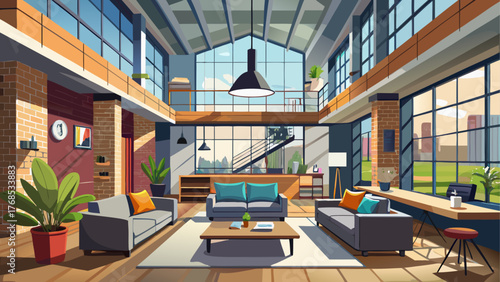 Realistic vector of contemporary loft apartment with natural light, wide windows, minimalist furniture, industrial details, cozy calm mood, modern architecture