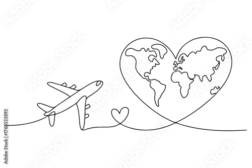 Continuous one line drawing of airplane flying around heart shaped world map illustration
