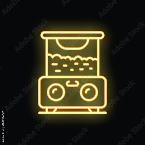 Neon sign of a claw machine full of toys, glowing yellow on a black background