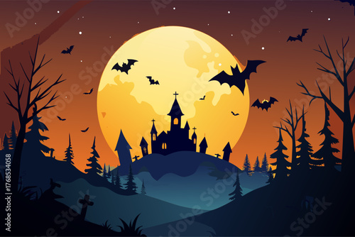 Full Moon Over Haunted Cemetery with Bats Silhouette