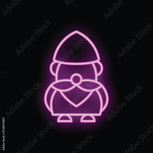 Cheerful neon sign depicting a smiling garden gnome, illuminated with a vibrant pink glow against a dark background