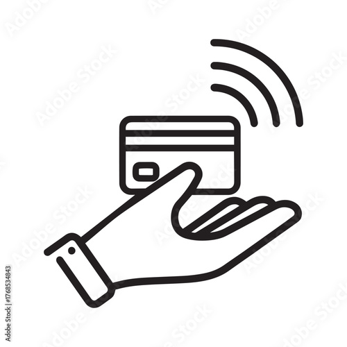 Hand holding a credit card with contactless payment symbol