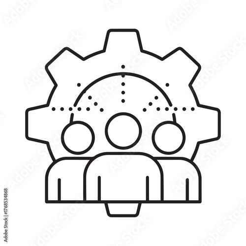 Teamwork and collaboration icon with a gear and people silhouettes, representing synergy and collective effort in business and projects