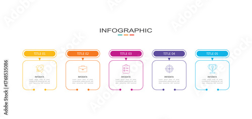 Modern template infographic with 5 step process and icons can be used for workflow, business information, presentation and data visualization.