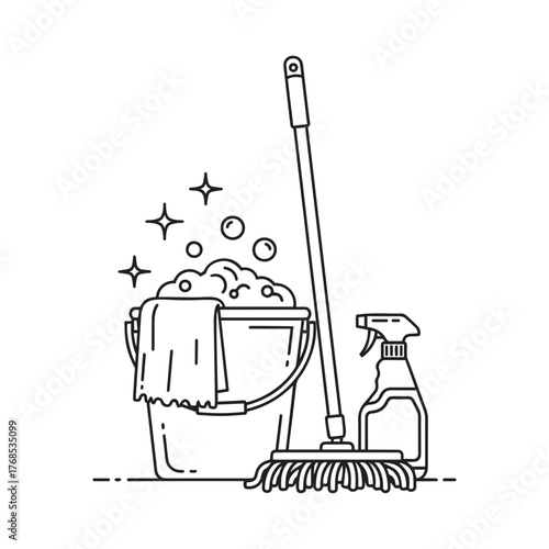 Cleaning supplies including a bucket filled with soapy water, a mop, and a spray bottle