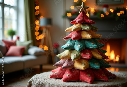 A Christmas tree made from colorful scraps of fabric, a cozy interior, soft lighting