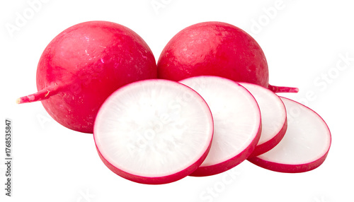 Two whole radishes and four radish slices with pink skin and white flesh, isolated on white, transparent png