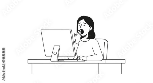 Tired woman working at a computer late at night, yawning due to exhaustion and lack of sleep, feeling sleepy and overworked