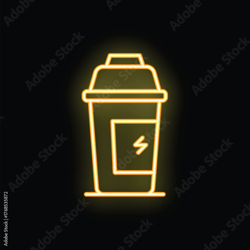 Yellow neon sign illustrating a protein shake with a lightning icon, conveying a concept of energy and power