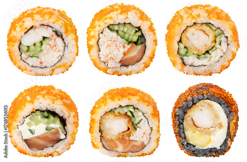 Collection of different sushi rolls. California maki type rolls (cheese, crab meat, cucumber, avocado, shrimp, nori, tobiko roe) isolated on white background