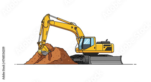 Yellow heavy construction excavator digging a pile of soil. Industrial machinery vehicle for earthmoving and site work illustration