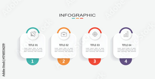 Modern template infographic with 4 step process and icons can be used for workflow, business information, presentation and data visualization.