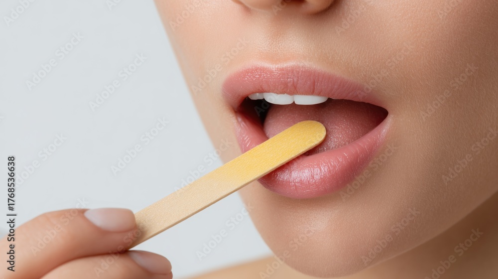 Naklejka premium Close-up of a young Caucasian woman with light pink lips holding a wooden stick near her mouth. The background is neutral and soft.