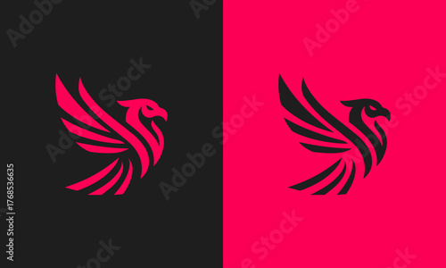 Abstract phoenix bird logo design in vibrant pink and black contrasting background