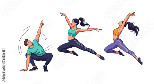 Collection of energetic dancers in motion. Vector characters of a man and women performing dynamic fitness choreography