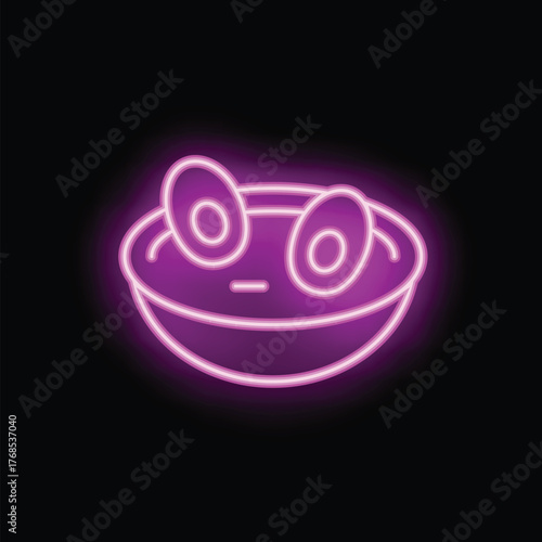 Vibrant pink neon sign depicting a bowl of ramen with chopsticks, glowing against a dark background
