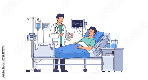 Doctor Examining Patient in Hospital Bed with Medical Equipment Illustration
