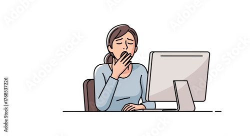 Tired and sleepy woman yawning while working on a computer at her desk, feeling exhausted from overwork and burnout