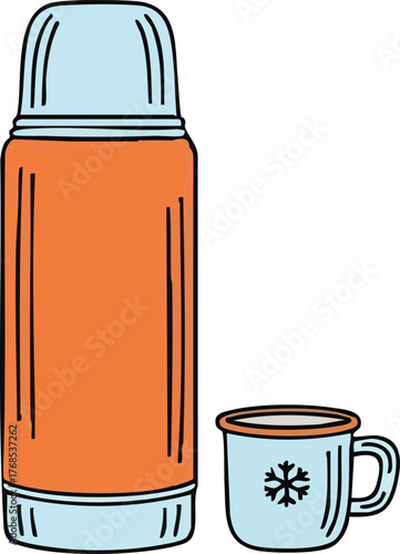 Orange Thermos Bottle and Blue Mug with Snowflake Design.