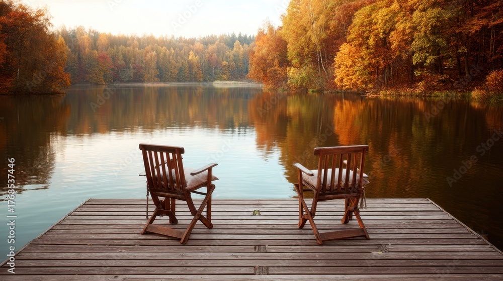Fototapeta premium Two empty chairs on a wooden pier overlooking a calm lake surrounded by colorful autumn forest. Peaceful fall landscape.