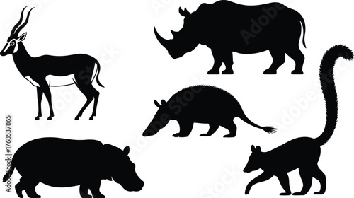 Animal silhouette, wildlife icons, diverse species, black shapes, gazelle horns, rhino body, armadillo form, hippo posture, lemur tail, nature art, fauna design