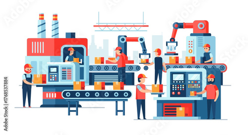 Smart factory production line with workers and industrial robotic arms. Modern automation in a manufacturing plant illustration