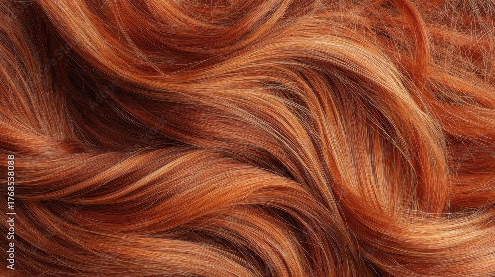 Fototapeta premium Closeup view of luxurious red hair texture. Beautiful fiery wavy strands displaying healthy and vibrant color for hair care concept.