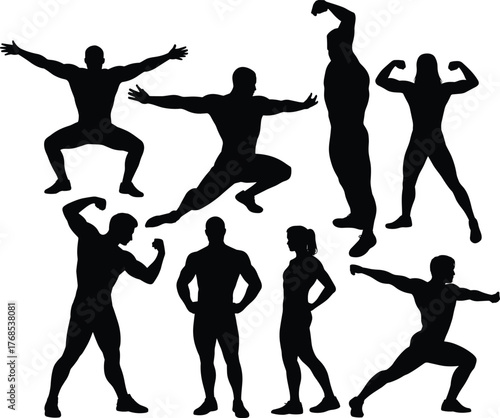 Bodybuilding silhouette, muscular poses, fitness icons, athletic men, gym workout, strength training, black figures, flexing muscles, sports posture, physique modeling, exercise stance