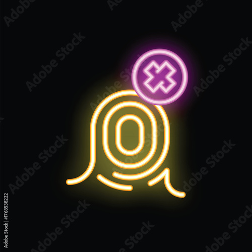 Glowing neon icon of fingerprint with cross, representing denied access, security breach attempt or lack of authorization