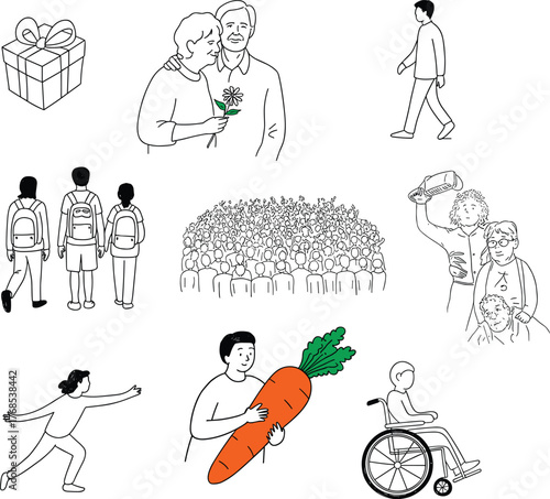 Cartoon people activity set, daily life illustration, social interaction icons, walking running gifting, wheelchair selfie carrot, vector character collection