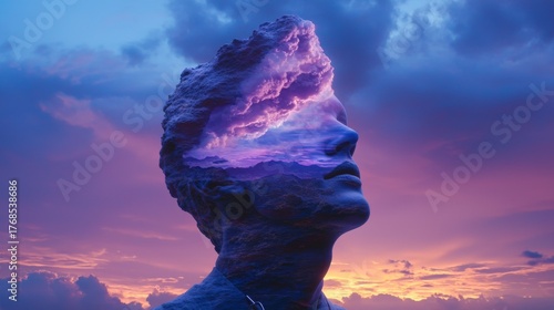 Surreal Double Exposure Portrait of Stone Face with Majestic Sky and Clouds at Dusk