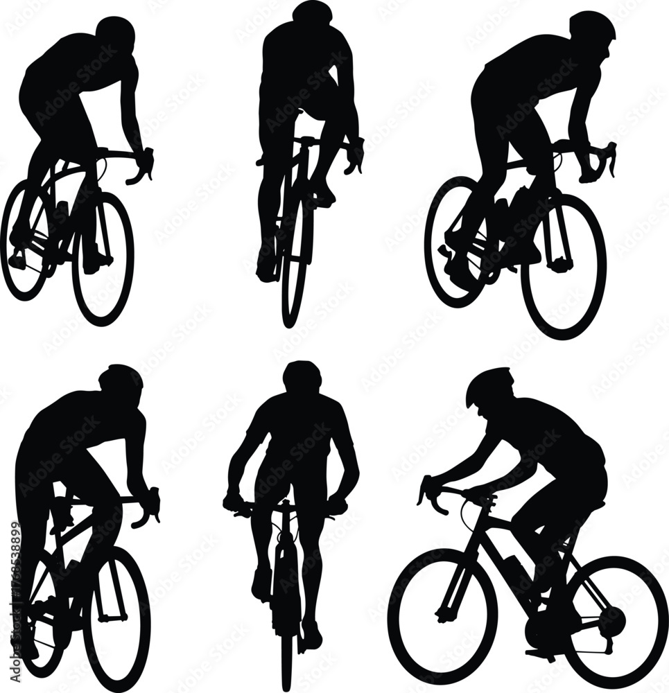 Obraz premium Cyclist silhouette set, road bike posture, active riding poses, sports motion study, helmeted figures, black shape collection, isolated white background