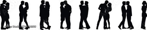 Couple silhouette collection, romantic pose set, black vector shapes, kissing hugging standing figures, love icon pack, relationship illustration, human connection art