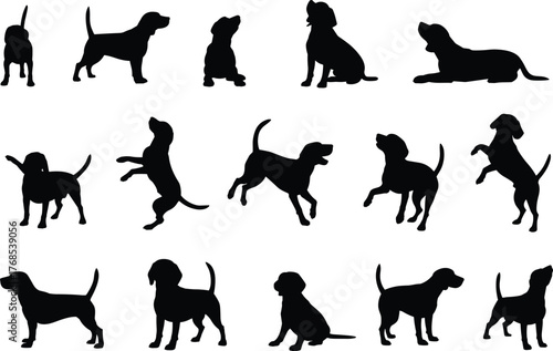 Dog silhouettes, canine poses, black shapes, sitting dog, walking motion, jumping stance, pet icons, animal grid, posture study, dog anatomy, behavior reference