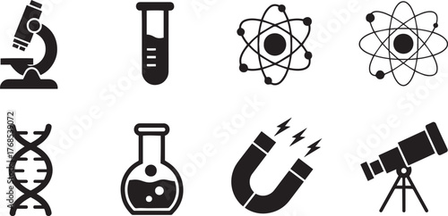 Collection of science icons including microscope test tube atom dna flask magnet and telescope