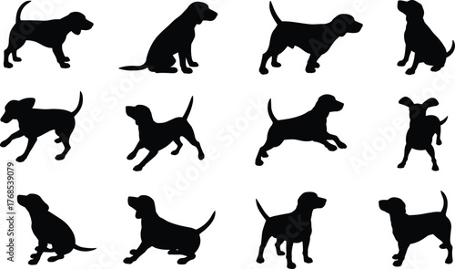 Dog silhouettes, canine poses, pet icons, black shapes, sitting dog, running stance, jumping posture, breed diversity, animal grid, dog anatomy, playful motion