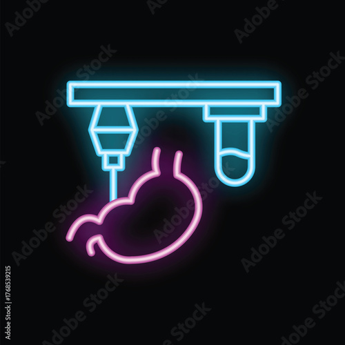 Glowing neon icon representing the process of providing artificial nutrition, featuring a stomach and an infusion bottle