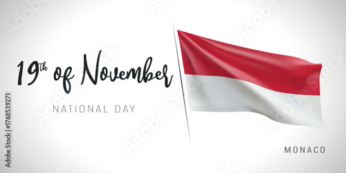 Monaco national day vector banner, greeting card. Monacan wavy flag in 19th of November patriotic holiday horizontal design with realistic flag