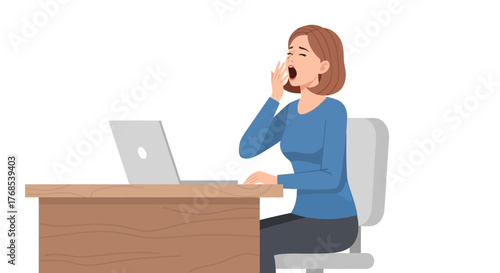 Tired woman yawning at her desk with a laptop, feeling sleepy at work, bored and fatigued