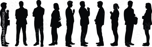 Human interaction silhouettes, business communication icons, social engagement graphics, black figure design, conversation symbols, minimal style, vector people set